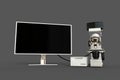 White professional microscope, cpu box and blank display isolated, photorealistic 3d illustration of object with fictional design