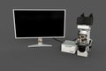 White professional microscope, cpu box and empty monitor isolated, photorealistic 3d illustration of object with fictional design