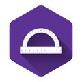 White Protractor grid for measuring degrees icon isolated with long shadow. Tilt angle meter. Measuring tool. Geometric