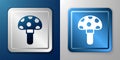 White Psilocybin mushroom icon isolated on blue and grey background. Psychedelic hallucination. Silver and blue square