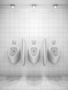 A white public restroom with three urinals