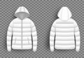 White puffer jacket mockup set, vector isolated illustration. Realistic modern hooded down jacket, front and back view.