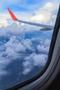 White puffy Clouds and blue sky, view from an airplane window Royalty Free Stock Photo