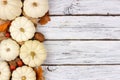 White pumpkin and brown leaves side border over white wood