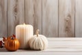 White Pumpkin And Candle Decor On Painted Wood Table, Creating Festive Halloween And Thanksgiving Ambiance