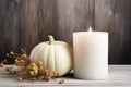 White Pumpkin And Candle Decor On Painted Wood Table, Creating Festive Halloween And Thanksgiving Ambiance