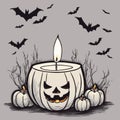 white pumpkin - candlestick, halloween holidays, gloomy atmosphere, hand drawn picture