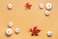 White pumpkin and orange maple leaves isolated on beige background Top view Flat lay Hello autumn, fall, September, October, Royalty Free Stock Photo