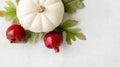 A white pumpkin, pomegranate picks, and fabric leaves