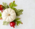 A white pumpkin, pomegranate picks, and fabric leaves