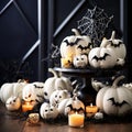 white pumpkins black bats stylish halloween interior decoration, Generative AI