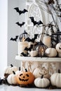 white pumpkins black bats stylish halloween interior decoration, Generative AI