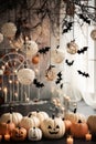 white pumpkins black bats stylish halloween interior decoration, Generative AI