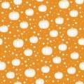 White pumpkins and dots on orange background. Halloween, october seamless repeat vector pattern. For print and textile design. Vec Royalty Free Stock Photo