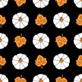 White Pumpkins with orange leaves on a navy black background. Seamless pattern. Autumn illustrations for holiday