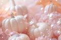 White pumpkins sit among gentle bubbles and soft pink textures in a warm setting. The scene captures the essence of fall with a Royalty Free Stock Photo
