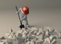 White puppet, White whit, with shovel and protective helmet. Dig debris, build, break down