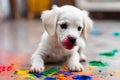 White puppy dog playing with paint on the living room floor.