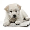 A cute white puppy resting on a newspaper