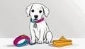 A white puppy with a pink collar sits next to a toy and a box