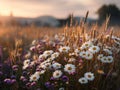 White and Purple Daisies in a Summer Field at Sunrise Royalty Free Stock Photo