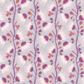 White and purple flowers and heart shaped leaves on subtly striped blue grey background. Seamless vector pattern with Royalty Free Stock Photo