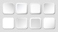 White push button vector set. Paper square frame. Blank labels, banners, icons or stickers for your design