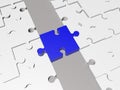 White puzzle of different heights with a piece of blue puzzle in the center