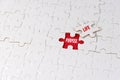 Life purpose concept. With white puzzle jigsaw with missing piece on red with text. Royalty Free Stock Photo