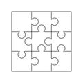 9 white puzzles pieces arranged in a square. Jigsaw Puzzle template ready for print. Cutting guidelines on white