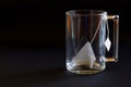 A white pyramid tea bag with green tea lies in a transparent heat-resistant glass mug on a black background. Free space for an