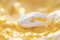 White python with golden yellow pattern on its scales, curled up on a gold, glittery background. Royalty Free Stock Photo