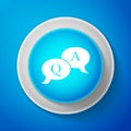 White Question and Answer mark in speech bubble icon isolated on blue background. Q and A symbol. Circle blue button Royalty Free Stock Photo