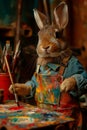 A white rabbit artist, wearing a green beret, is holding a yellow paintbrush and painting