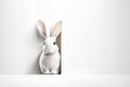 White rabbit on bright wooden background. Easter banner. Generative AI