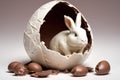 White rabbit in broken white chocolate egg, Easter motif and copy space, Generative AI. Royalty Free Stock Photo
