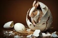 White rabbit in broken white chocolate egg, Easter motif and copy space, Generative AI. Royalty Free Stock Photo