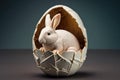 White rabbit in broken white chocolate egg, Easter motif and copy space, Generative AI. Royalty Free Stock Photo