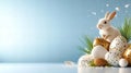 White rabbit with colorful easter eggs and greenery on light blue background Royalty Free Stock Photo