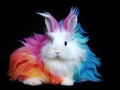 A white rabbit with colorful hair on a black background