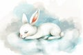 A white rabbit is curled up, sleeping peacefully on a fluffy cloud in the sky. It looks cozy and content in its slumber