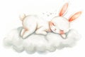 A white rabbit is curled up, sleeping peacefully on a fluffy cloud in the sky. It looks cozy and content in its slumber