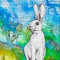 White rabbit drawing on colourful blue green background. Royalty Free Stock Photo