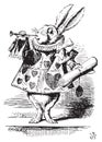 White Rabbit, dressed as a herald, blowing trumpet - Alice`s Adventures in Wonderland original vintage engraving Royalty Free Stock Photo