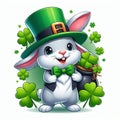 a white rabbit, dressed as a leprechaun with a bow tie, dancing a jig surrounded by four leaf clovers Royalty Free Stock Photo