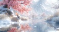 White rabbit on the edge of an icy river in winter landscape Royalty Free Stock Photo