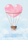 White rabbit flying on sky with heart shape hot air balloon in watercolors style and example texts on blue paper pattern
