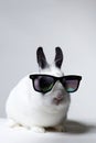 white rabbit with glasses. Fashionable Funny fluffy rabbit in Sunglasses