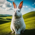 White rabbit on a grassy hill with mountains in the background Royalty Free Stock Photo