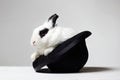 White rabbit in hat. Funny fluffy rabbit